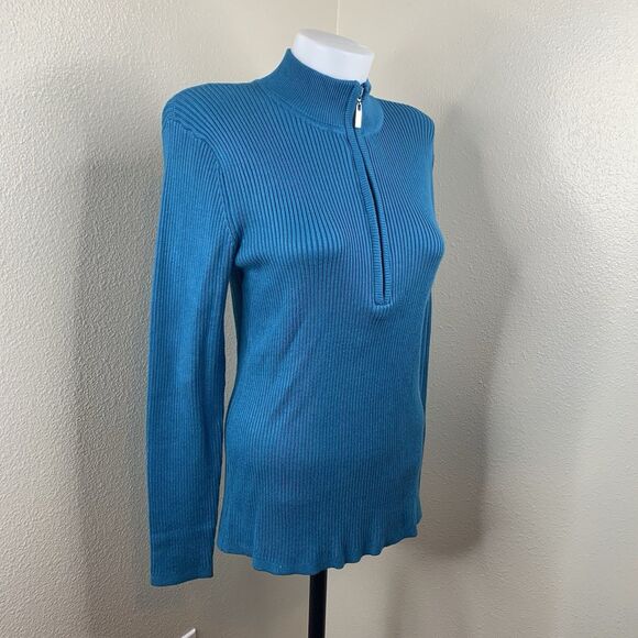 Boston Proper 1/4 Zip Sweater Women’s Sz L Fitted Teal-ish Blue Pullover - Picture 1 of 9